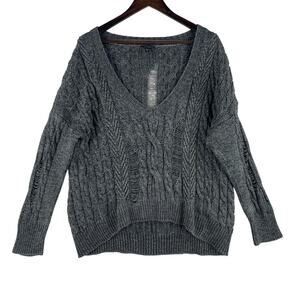 Express Womens Distressed Cable Knit V-Neck Sweater L Gray Oversized Pullover